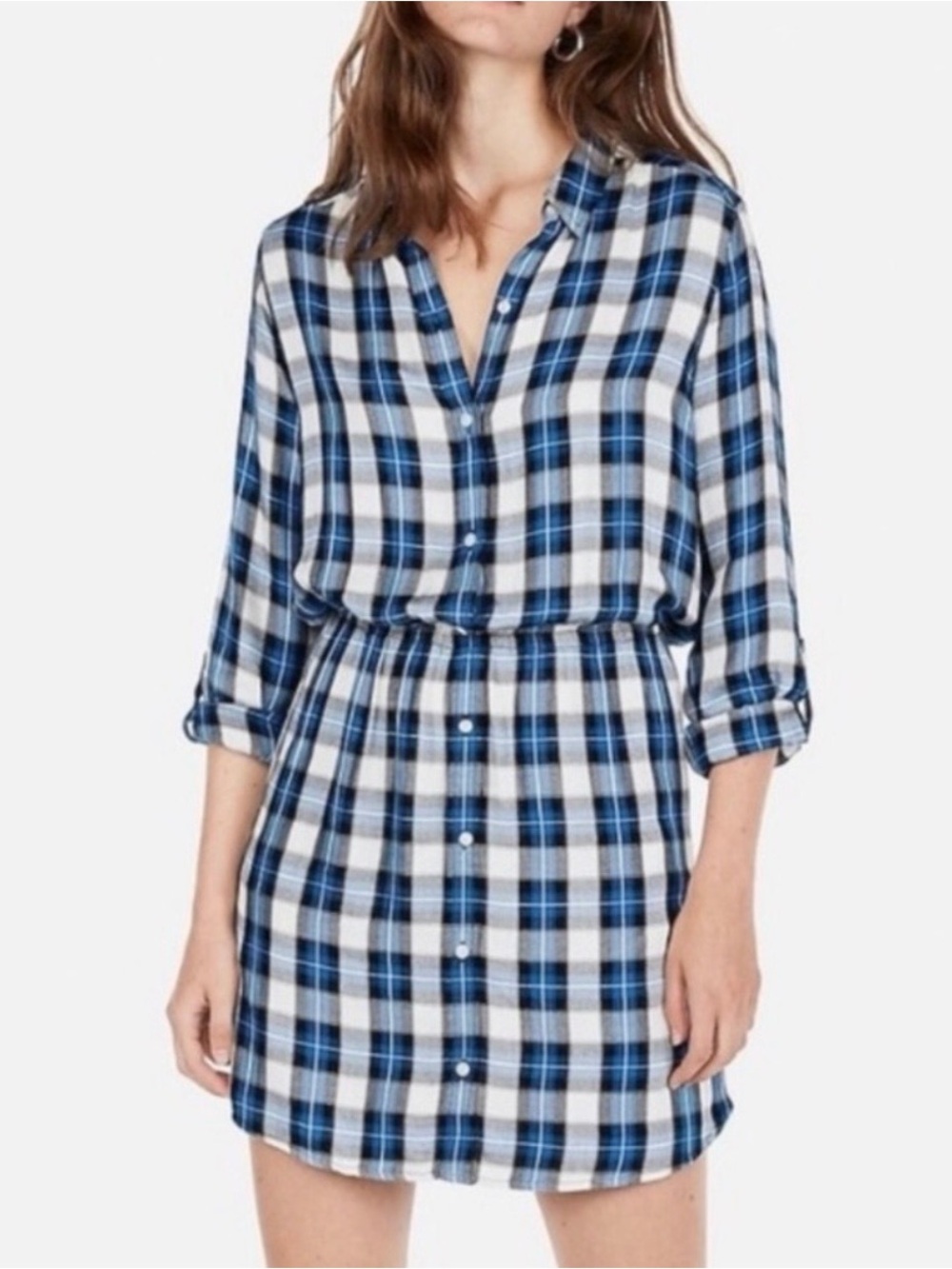Express Button-Front Blue Plaid Shirt Dress